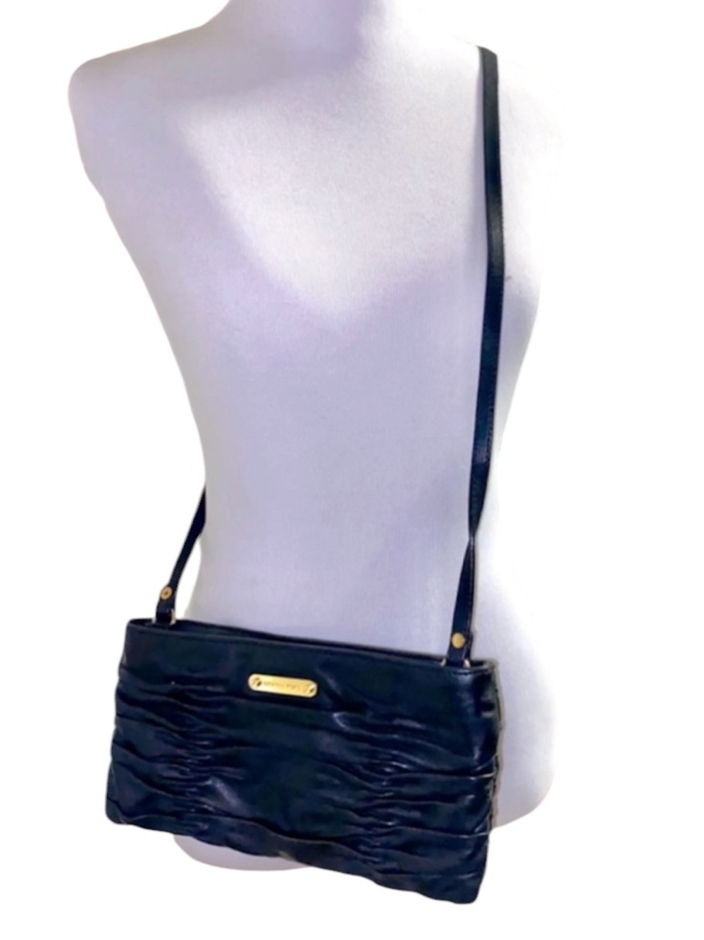 Michael kors ruched soft leather crossbody purse, black, gold, pockets inside!